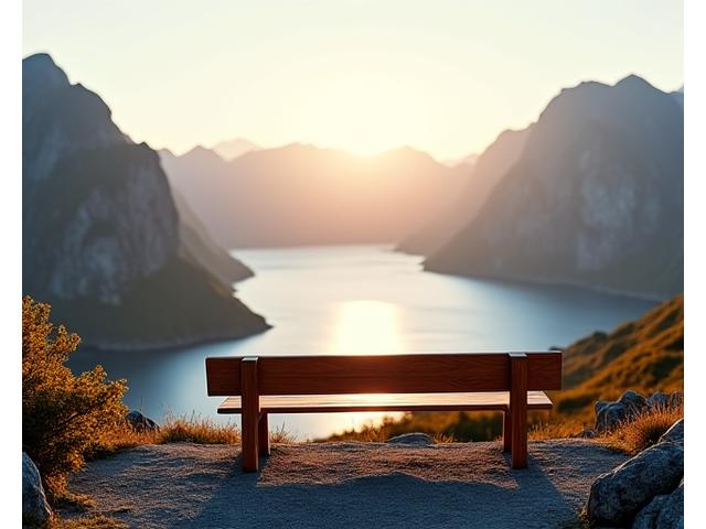 Minimalistisk trebenk med utsikt over en fjord i Nord-Norge