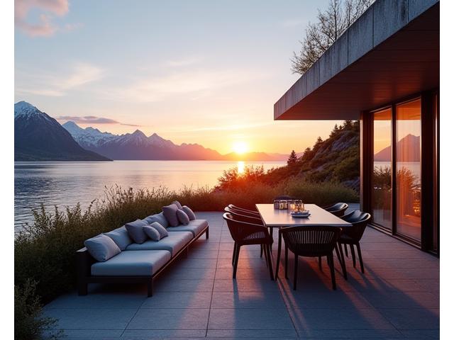 Luksuriøs terrasse med moderne utendørsmøbler under midnattssolen i Nord-Norge
